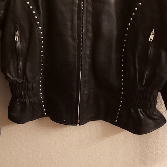 VINTAGE GENUINE LEATHER Matrix Biker Bomber Goth Sz 2XL Black Sliver Studs CG - Picture 9 of 15